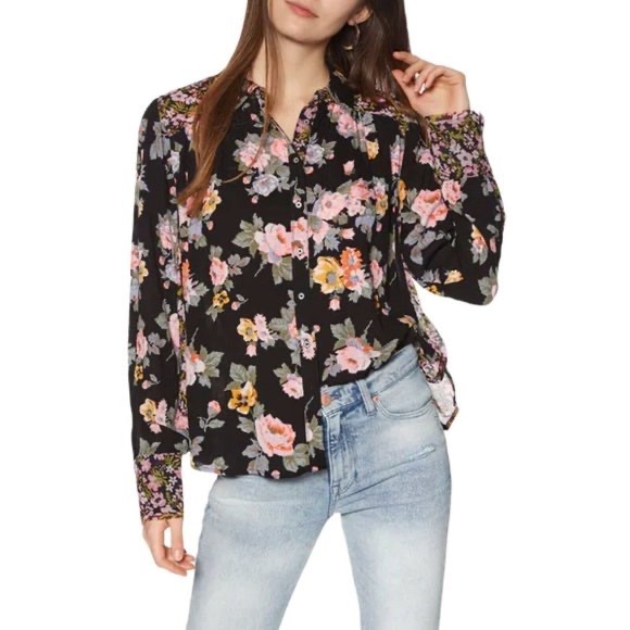 SOLD Free people Black & Peach Floral Hold on to Me Button-Up top - Picture 4 of 8